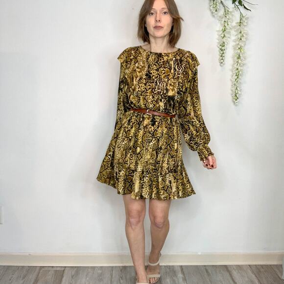 BA&SH Sym trapeze shift dress ochre ruffled bib front snakeskin print 2730 - Picture 2 of 14
